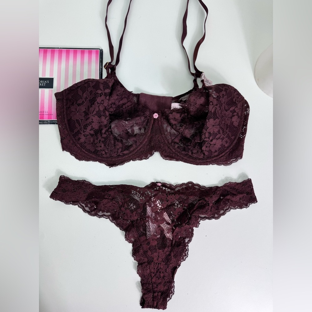 🔥Victoria's Secret Deep Burgundy Lace Bra Set Sz 38DD // large thong NWT